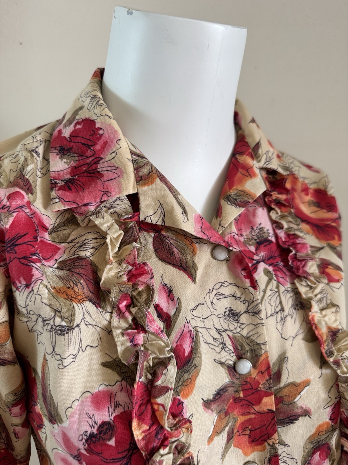 H Bar C Western Pearl Snap Ruffle Blouse Floral Rockabilly Shirt USA S Vintage