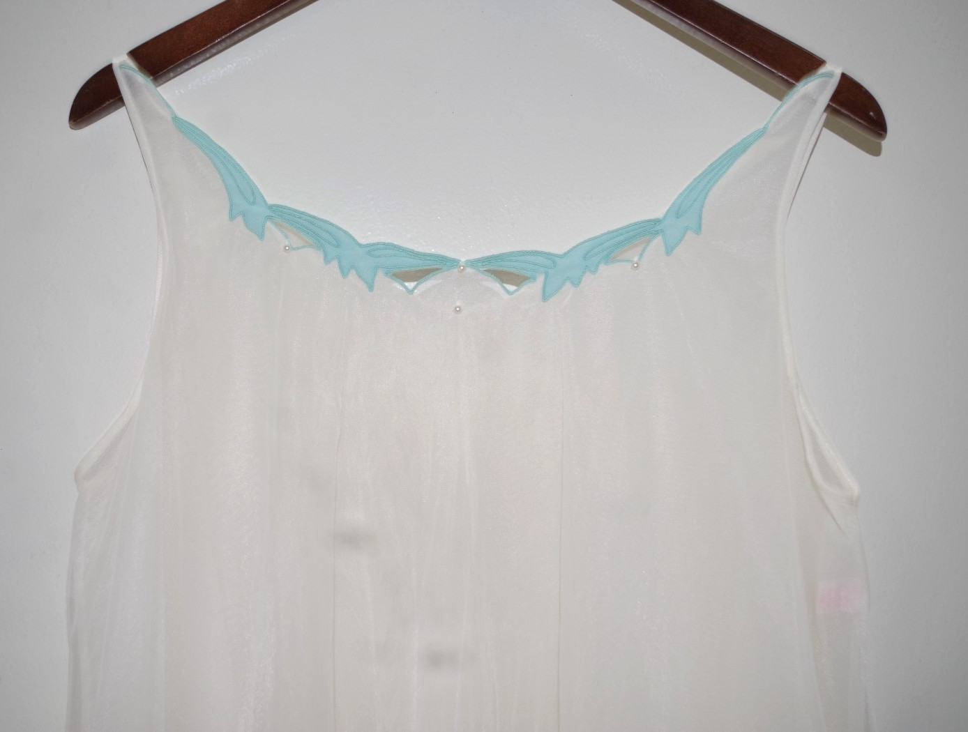 K Vintage Yolande M Off White & Aqua Openwork Pearls Chiffon Nylon Nightgown