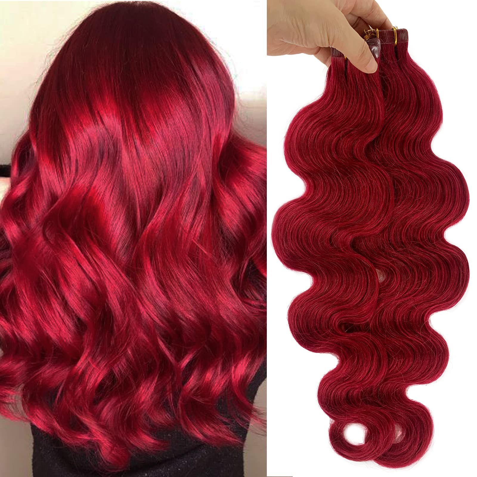 Burgundy Body Wave Tape-in Human Hair Extensions 22″ Remy 20pc