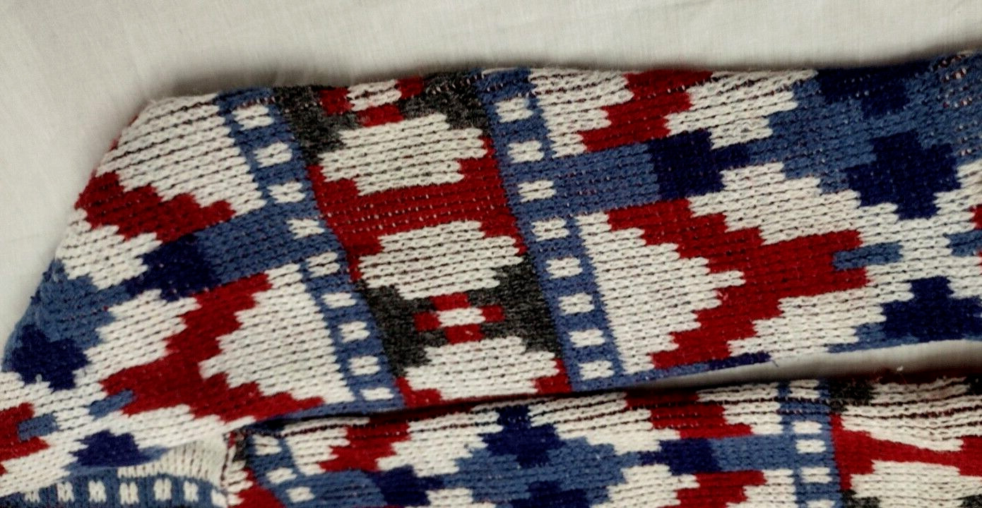 MCM Sweater Mid Century Holiday Burgundy Red White & Blues Mod Mock Neck Crew