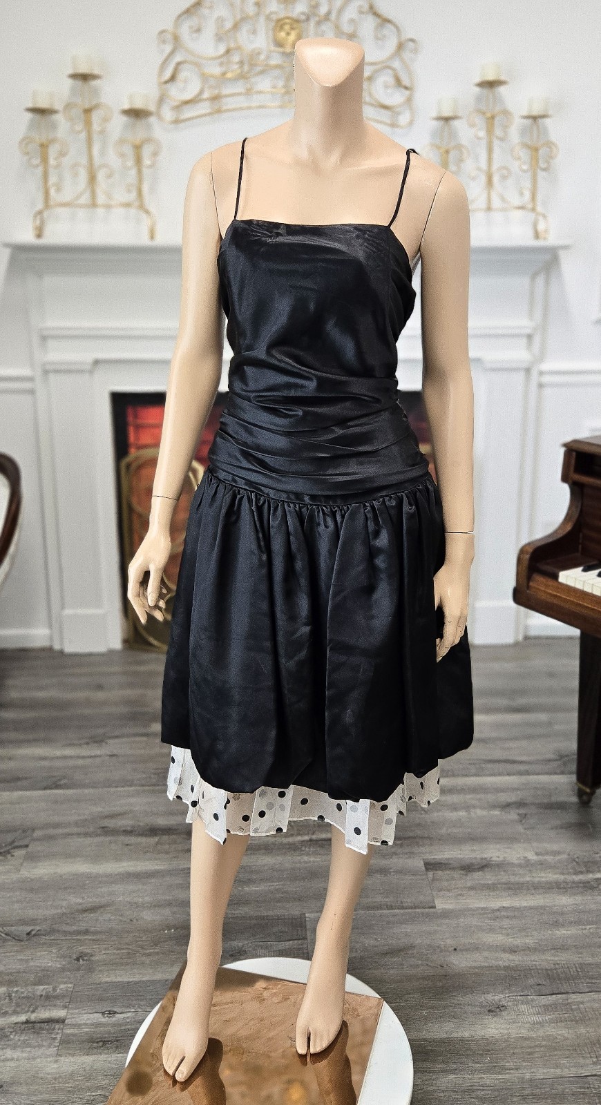 90s Black Satin Prom Dress Midi Vintage Party Homecoming Polka Dot Sz M 9/10