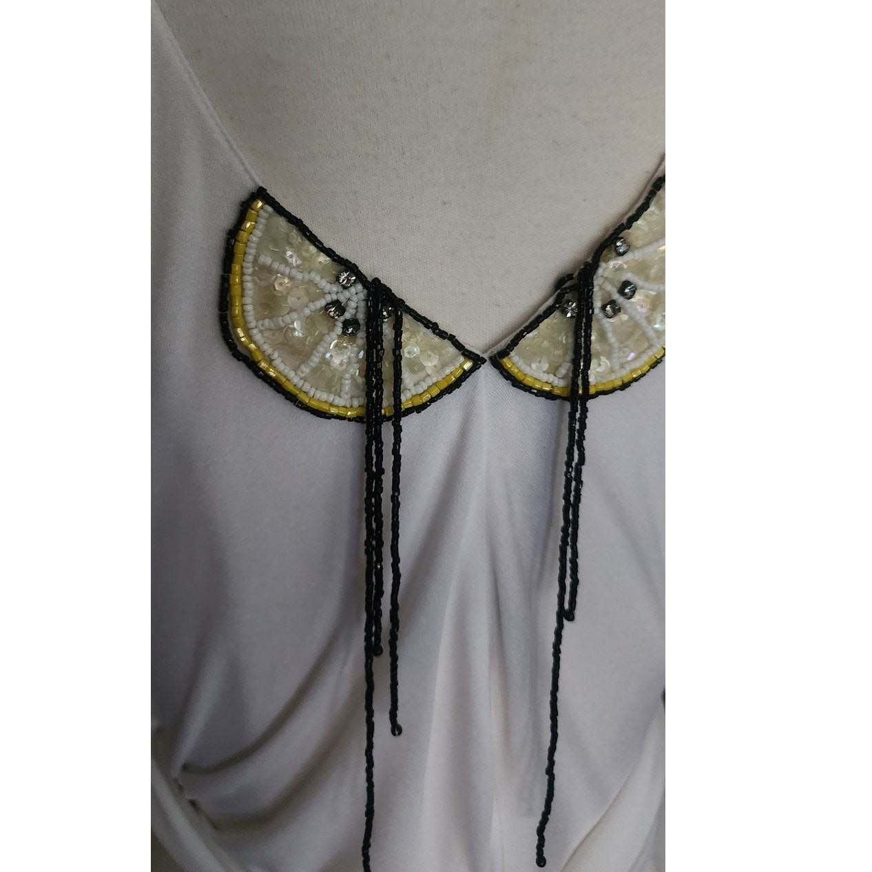Vintage 1980s Holly Harp Top or Tunic Silk Jersey Fruit Sequins Beaded Fringe
