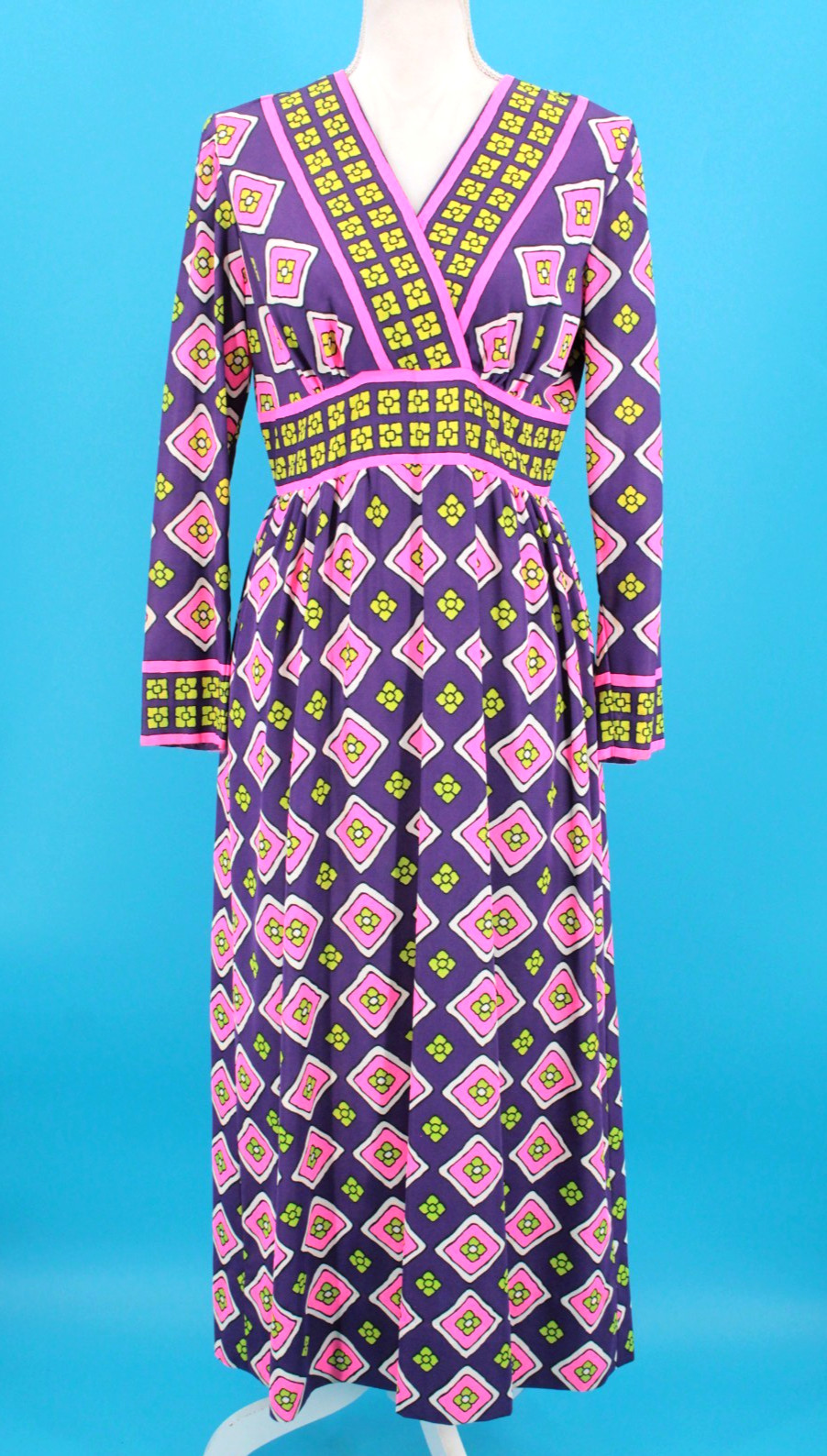 VTG Women’s 60s Purple & Pink Psychedelic Geometric Print Maxi Dress Sz M 1960s