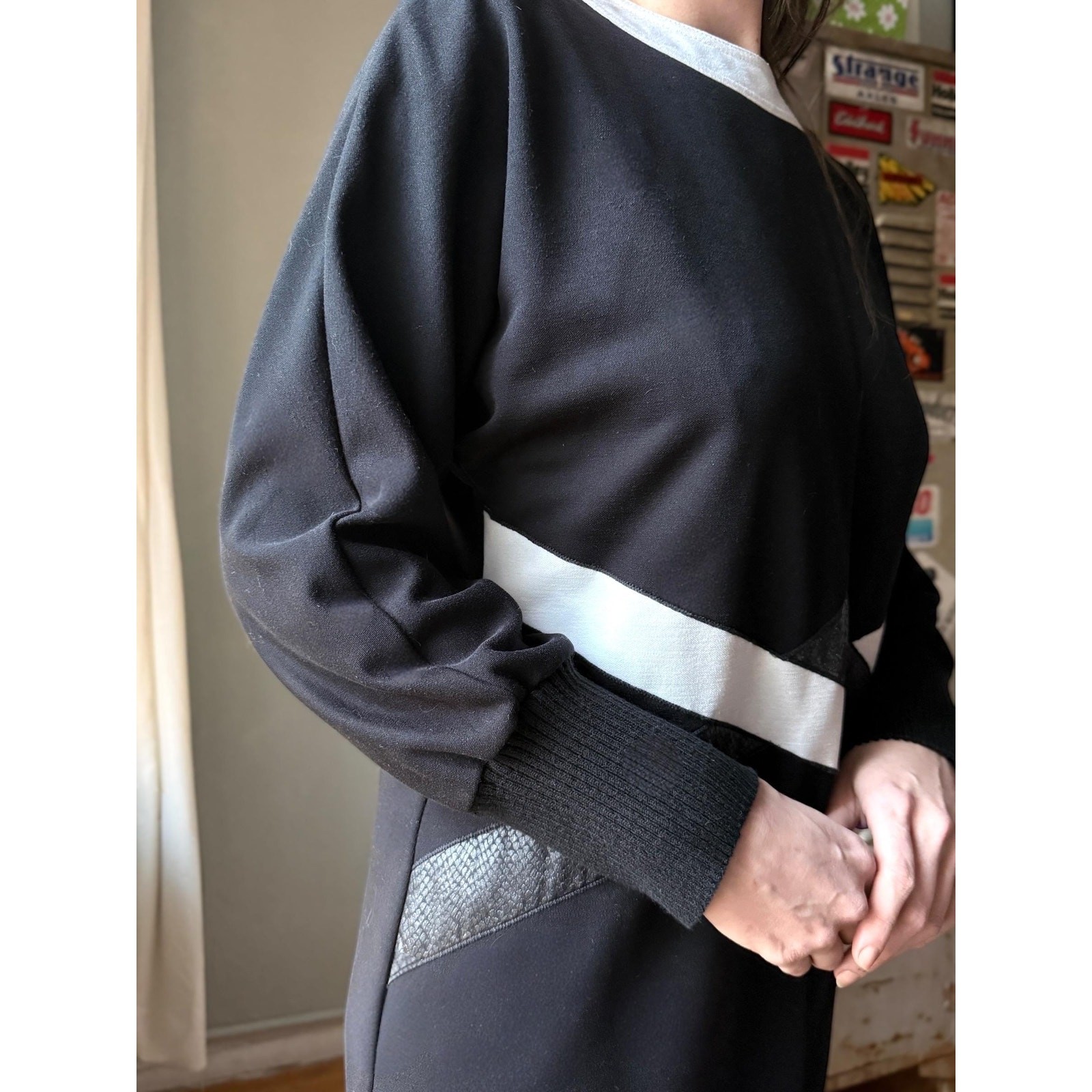 Vintage 70s Leslie Fay Knit Midi Dress | Black White Graphic | Size 14