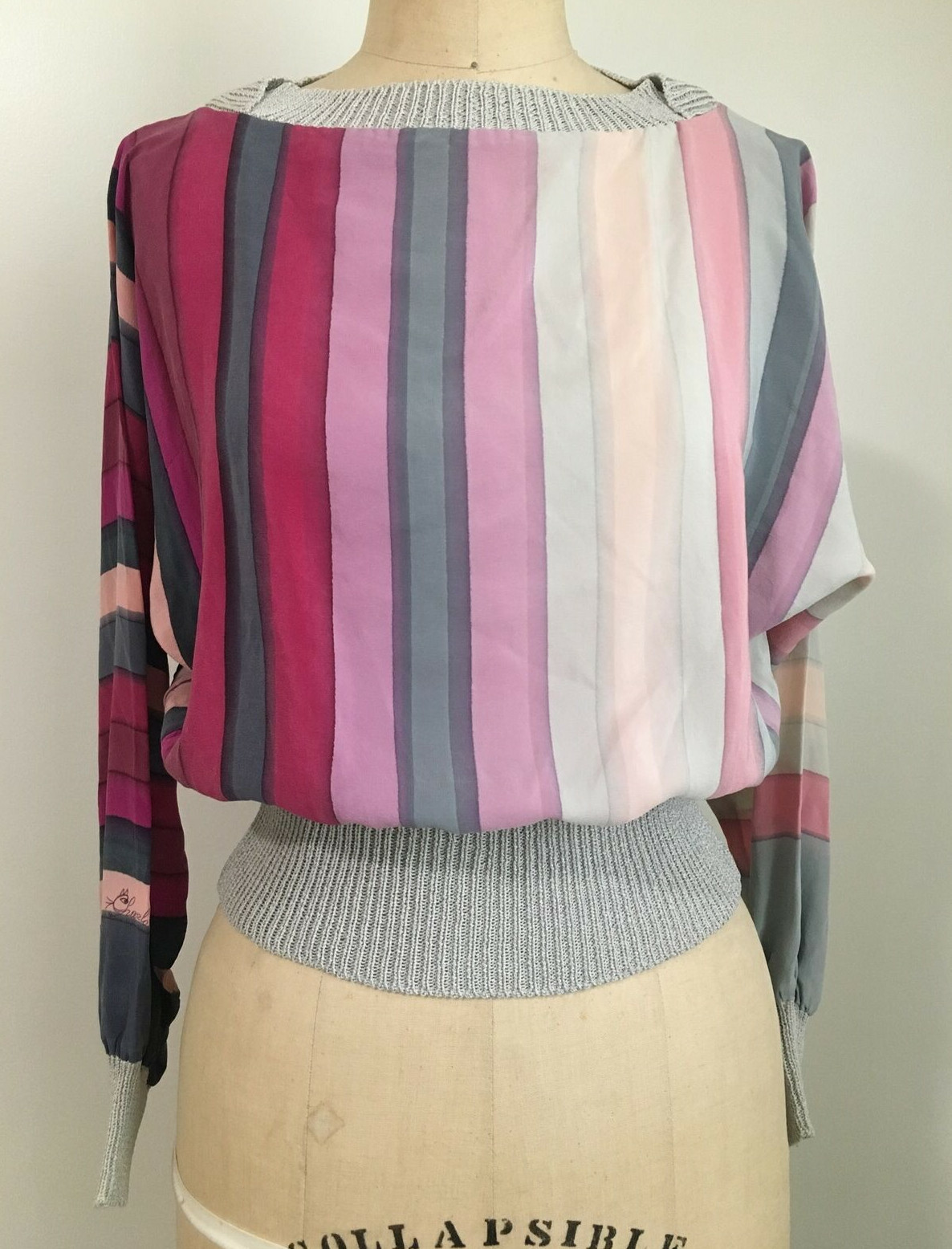 CHARLOTTE WASHED SILK STRIPED BLOUSE DOLMAN SLEEVE VINTAGE