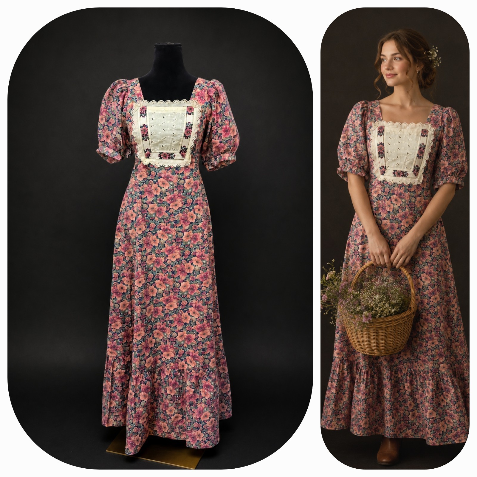 VTG 70s Terri Juniors California Prairie Floral Maxi Dress Cottagecore Lace Boho