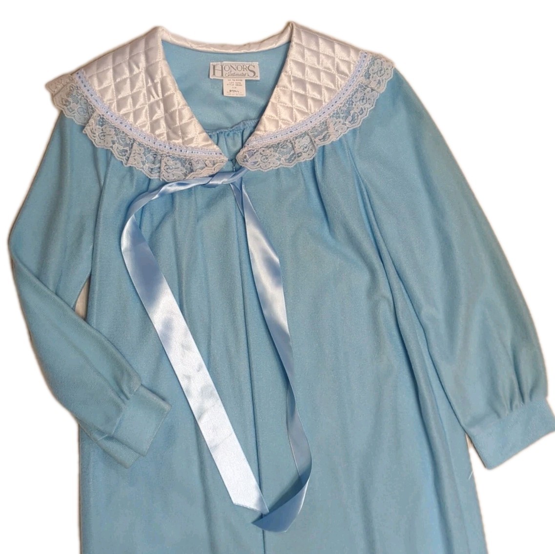 Vtg 80s Blue Long Pajama Wide Lace Collar Satin Ribbon Bow Honors Target Small