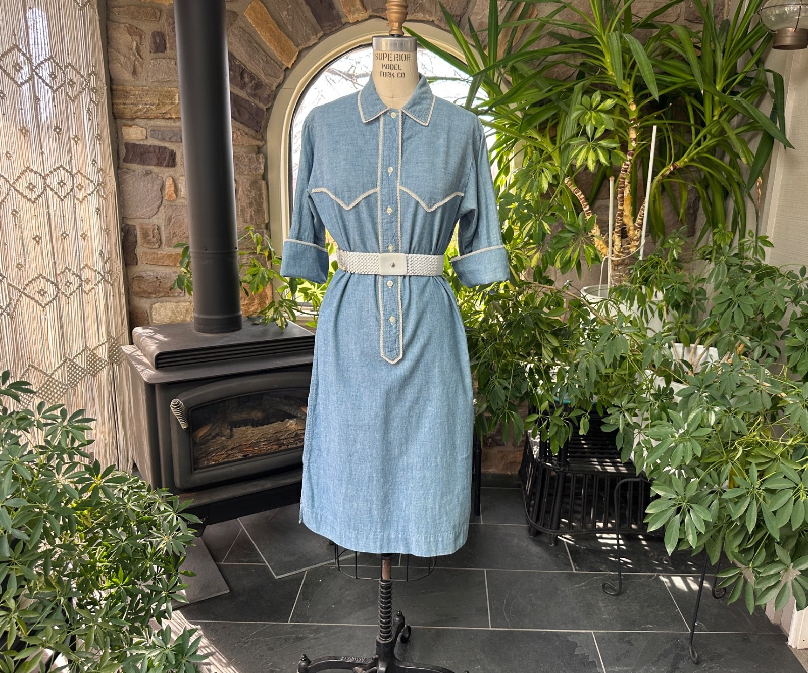 Vintage 1960s Blue Chambray White Lace Trim Shirtdress Langtry Ltd