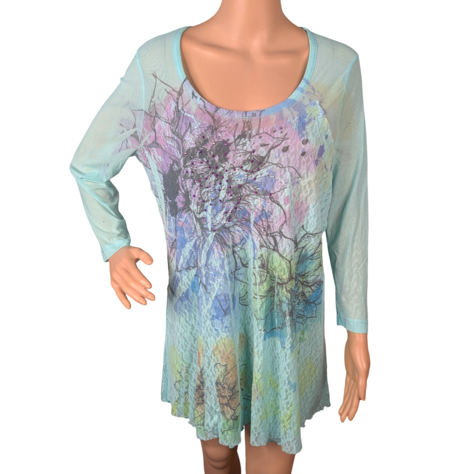 Vintage Dressbarn Y2K Pastel Blue Floral Nylon Mesh Tunic Top L Rhinestone Lace