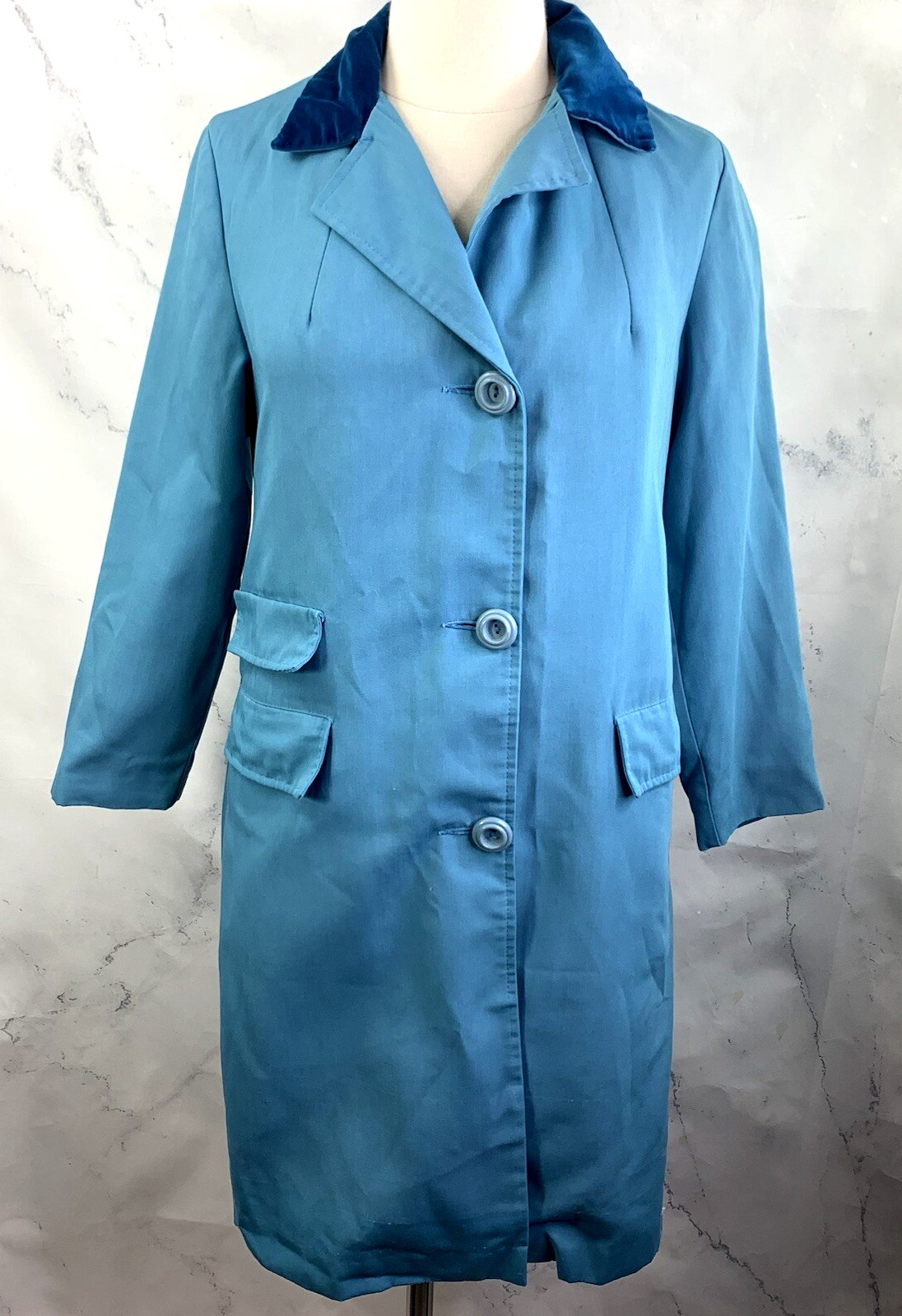 Vintage 60s Sears MOD Trench Coat Womens S Blue Velvet Collar Retro Spy Jacket