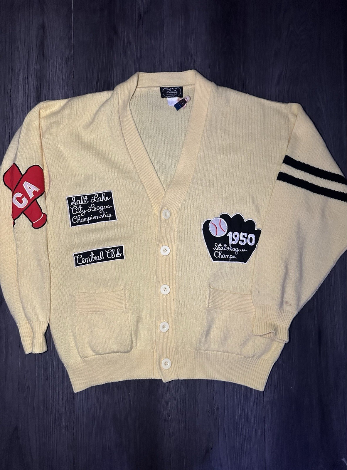 Vintage 1950s Wool Varsity Cheerleader Cardigan Sweater Size Large Made in Italy