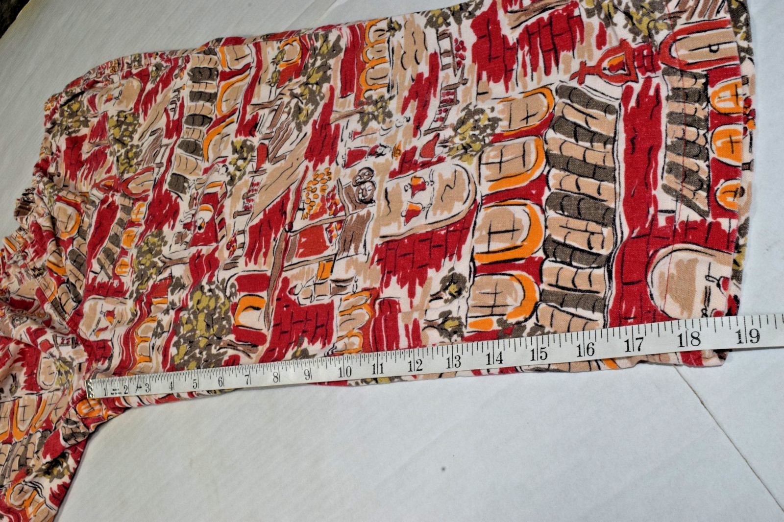 Vintage Womens Cropped Pull On Pant Size L 90s Terracotta Red French Villa Print