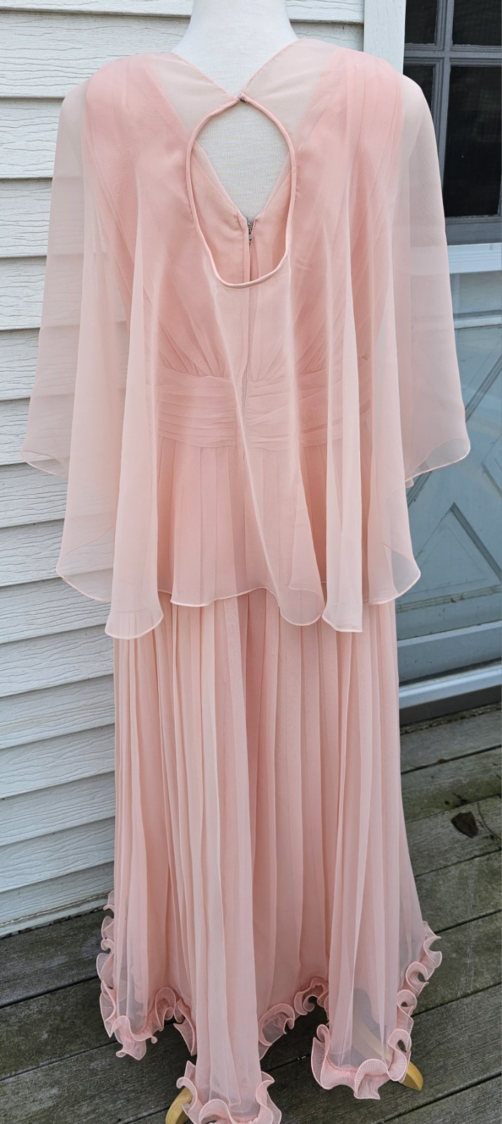 VTG 70s SHEER CHIFFON 2 PIECE PLEATED MAXI DRESS Peach Pink SZ 18 CAPE Grecian