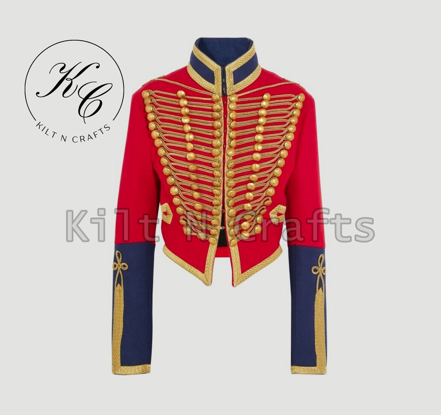 Custom Red Napoleonic Hussar Jacket for Women with Gold Embroidery & Navy Cuffs
