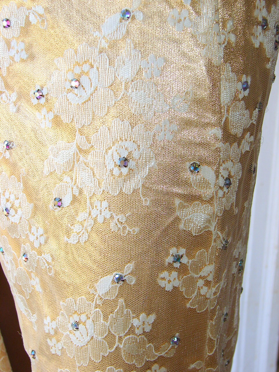 1980s GOLD LONG DRESS w/Lace and Rhinestones; Fancy Trim d1-2