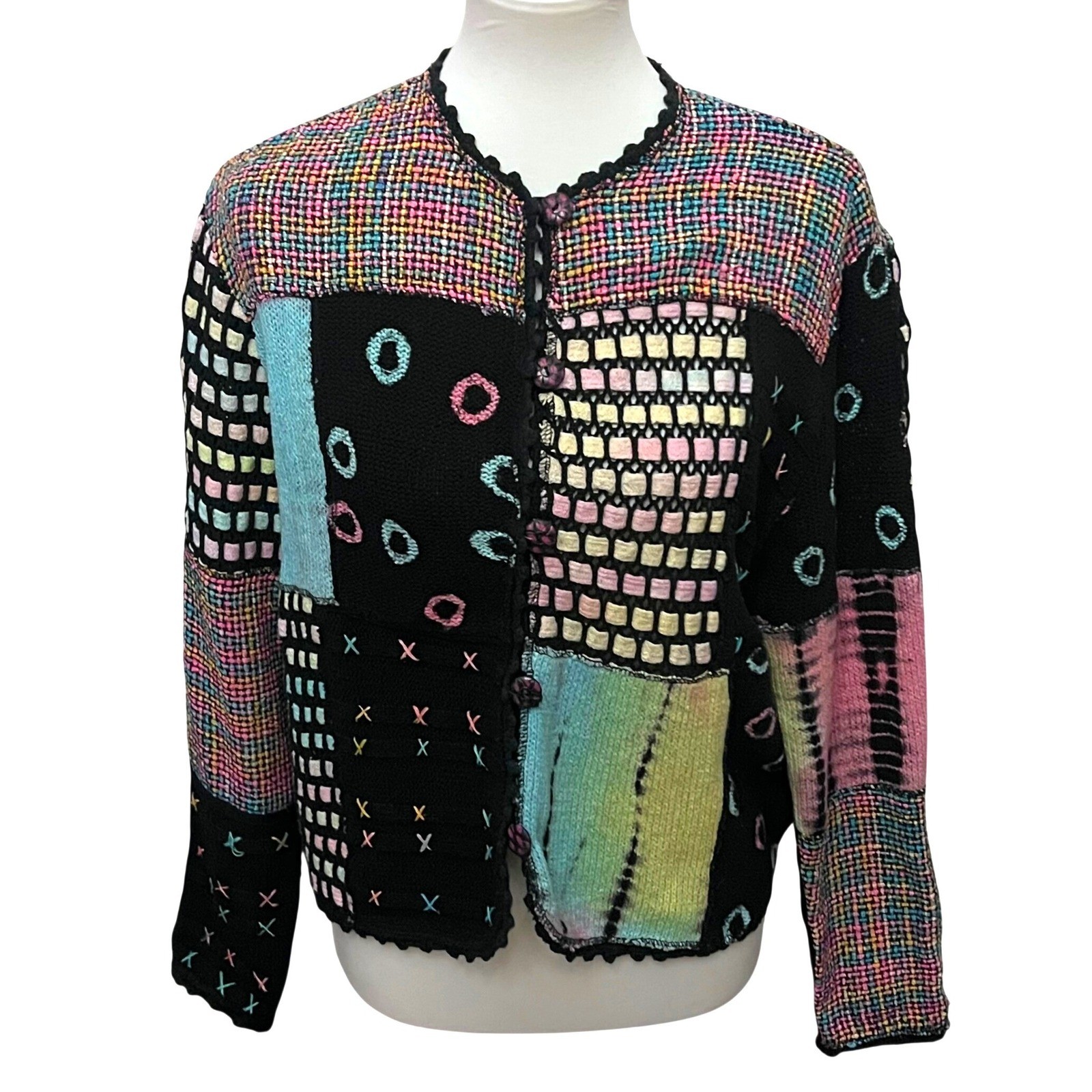 Vintage 80’s Cotton Silk Patchwork Cardigan Sweater Black Multi Art to Wear M