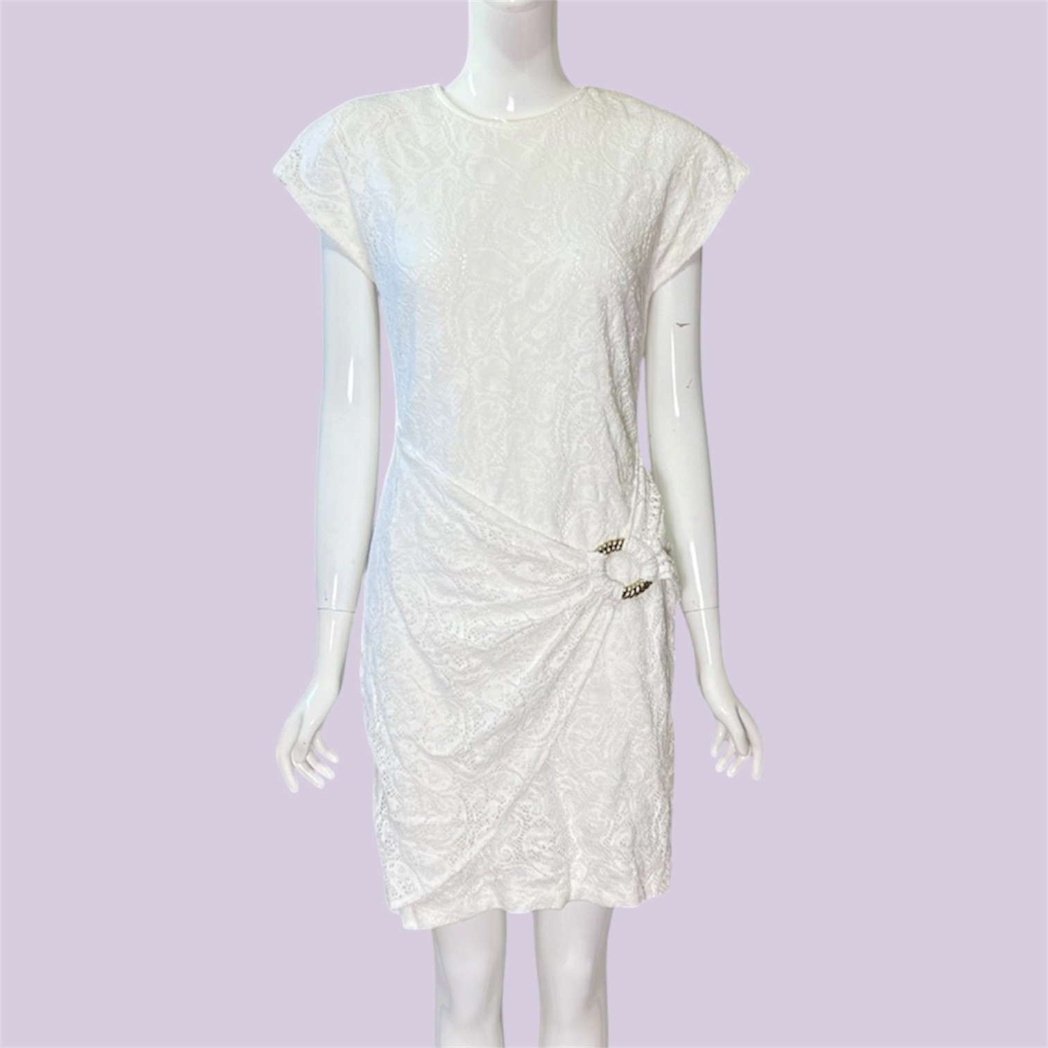 Vintage 80s White Paisley Lace Cocktail Mini Dress Chic Padded Shoulder Sz 9/10