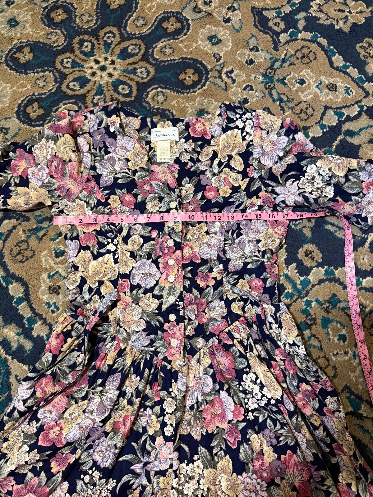 Vintage 80s-90s Jodi Michaels navy floral basque waist dress US7