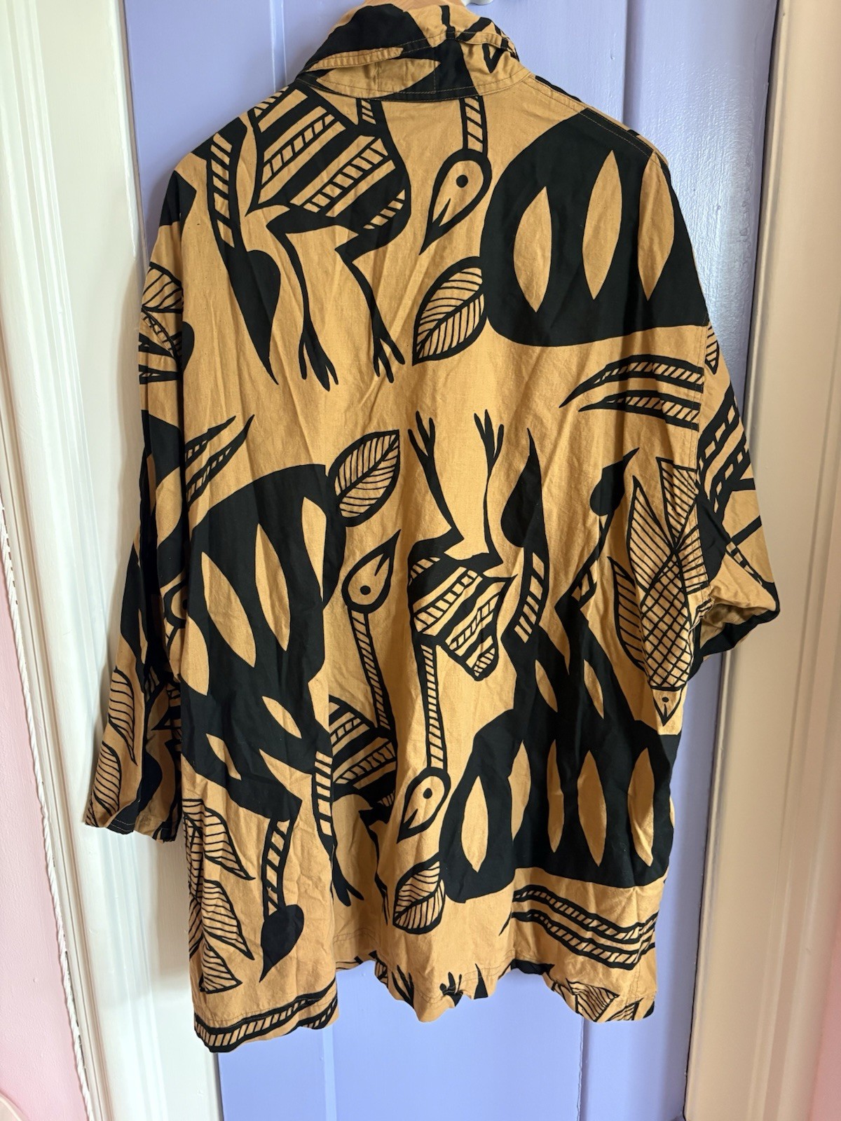 Vintage Plus Size Printed Cotton Tunic with Black Fish Leaf Pattern Size 1X-2X