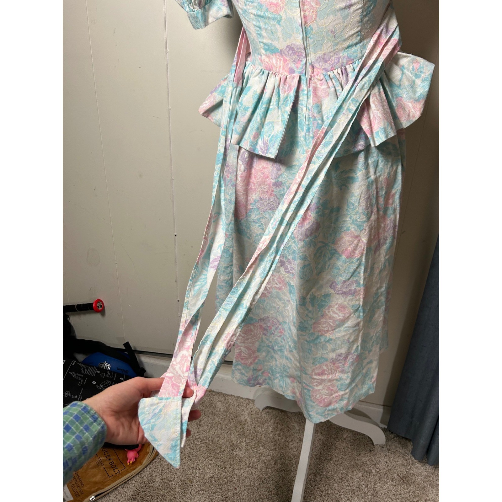 Vintage 80s Pastel Floral Peplum Midi Dress Cottagecore Tea Party Garden Prarie
