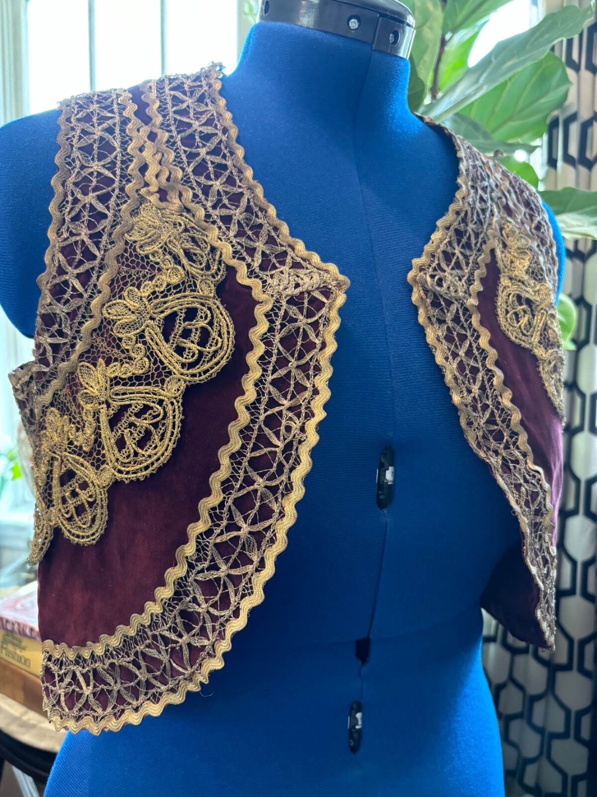 Vintage Antique Handmade Velvet Vest Burgundy with Gold Metallic Trim/Lace