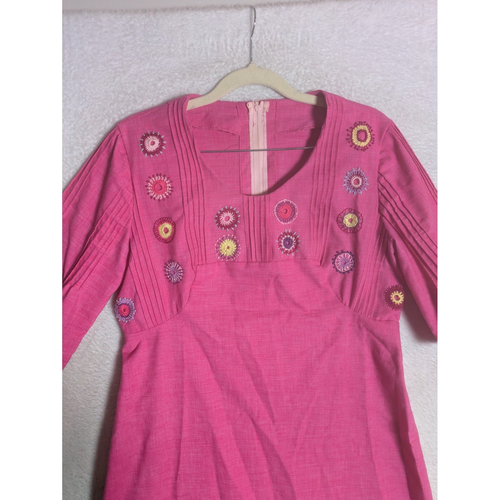 Handmade Maxi Dress Women’s M/L Pink Embroidered 70s Boho Pin Tuck Square Neck