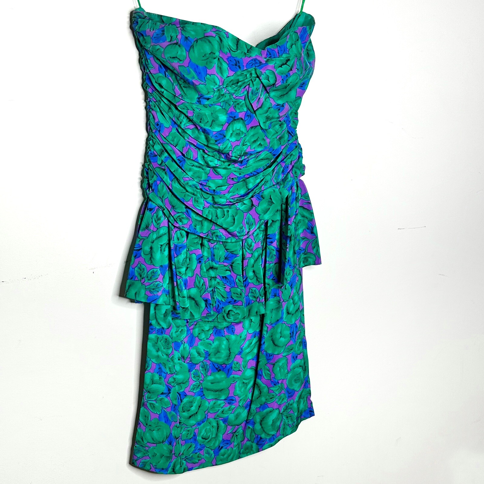 Vintage Kathryn Conover NY 100% Silk Strapless Peplum Floral Dress Size 6