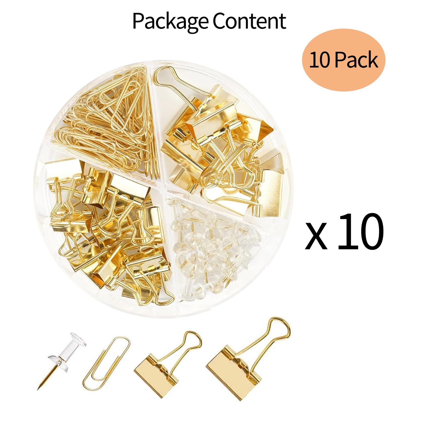 10 Pack Gold Paper Clips Binder Clips Set Metal Assorted Sizes Push Pins