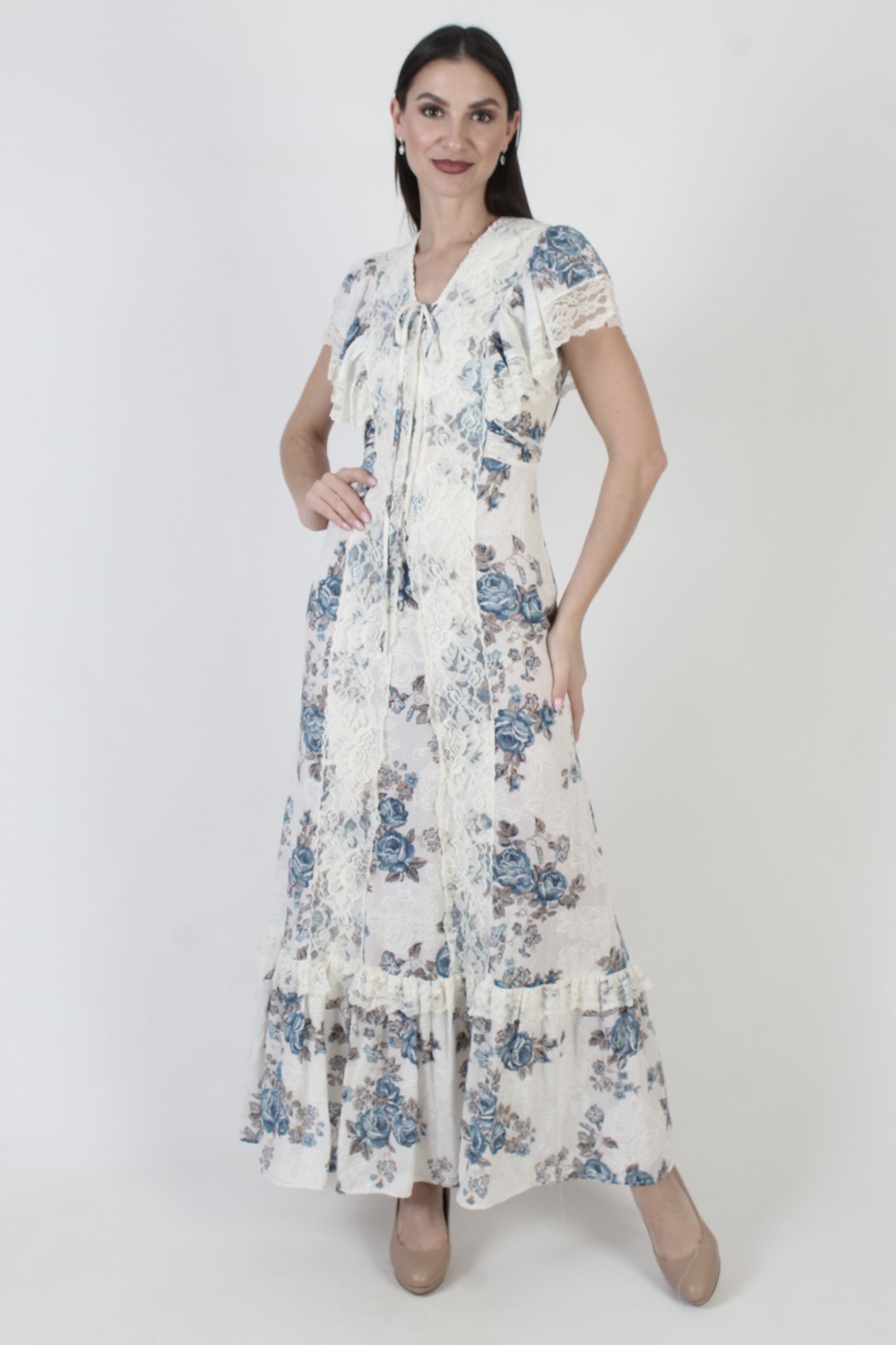 Vtg White Prairie Dress 70s Boho Wedding Lace Cottage Peasant Maxi Sundress