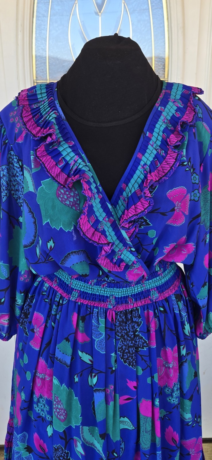 1980s ASSORTI FOR SUSAN FREIS Floral Ruffled Smocked Waist Full Sweep Dress Sz M
