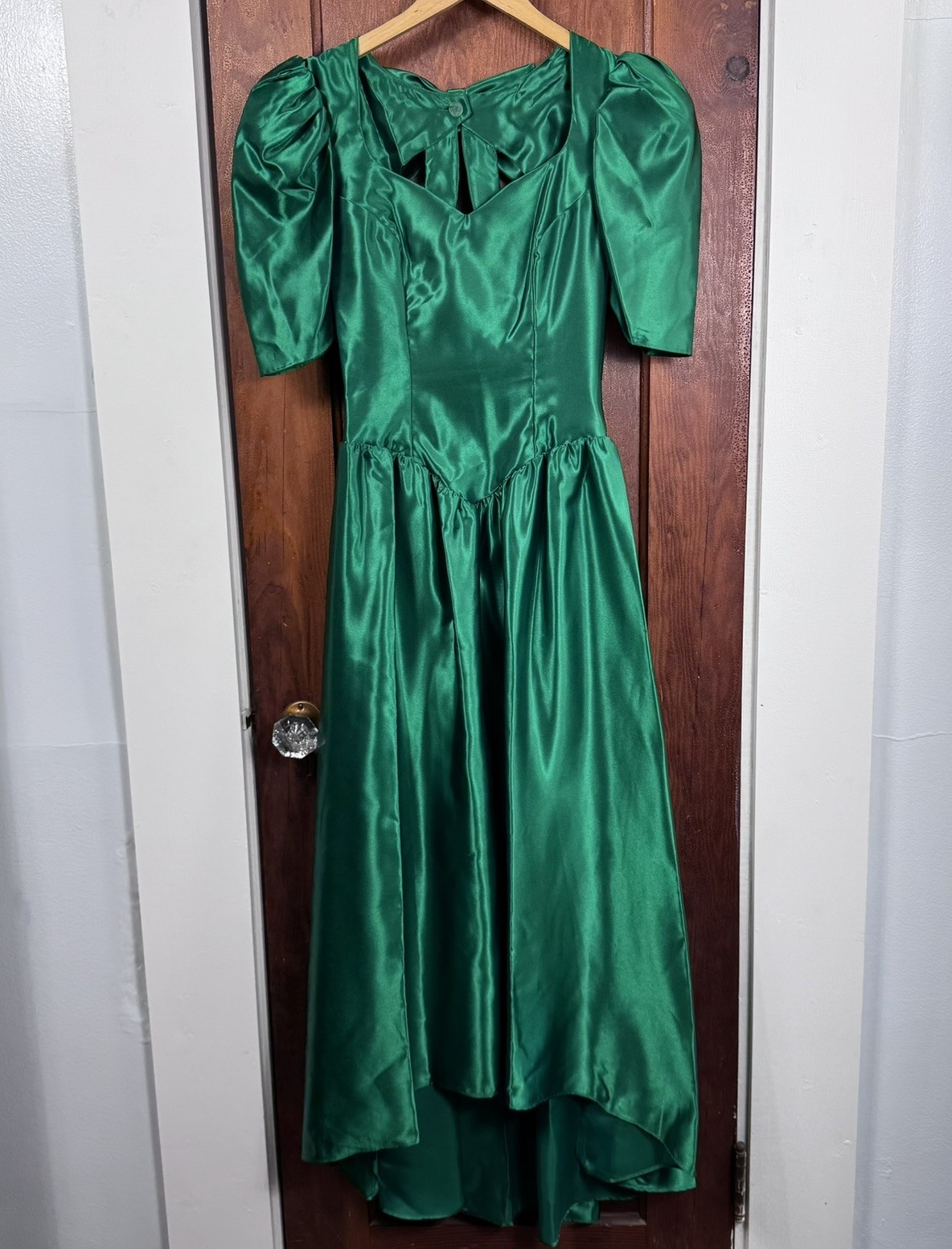 Vintage 80s Alfred Angelo Emerald Green Satin Prom Dress Puff Sleeve High Low S