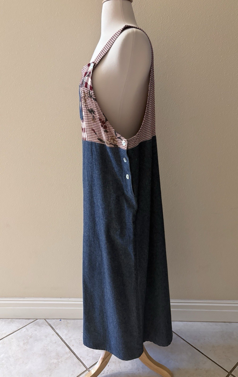 Teddi Vintage 90s Overalls Jumper Blue Denim Red Plaid Bird Maxi Dress PL