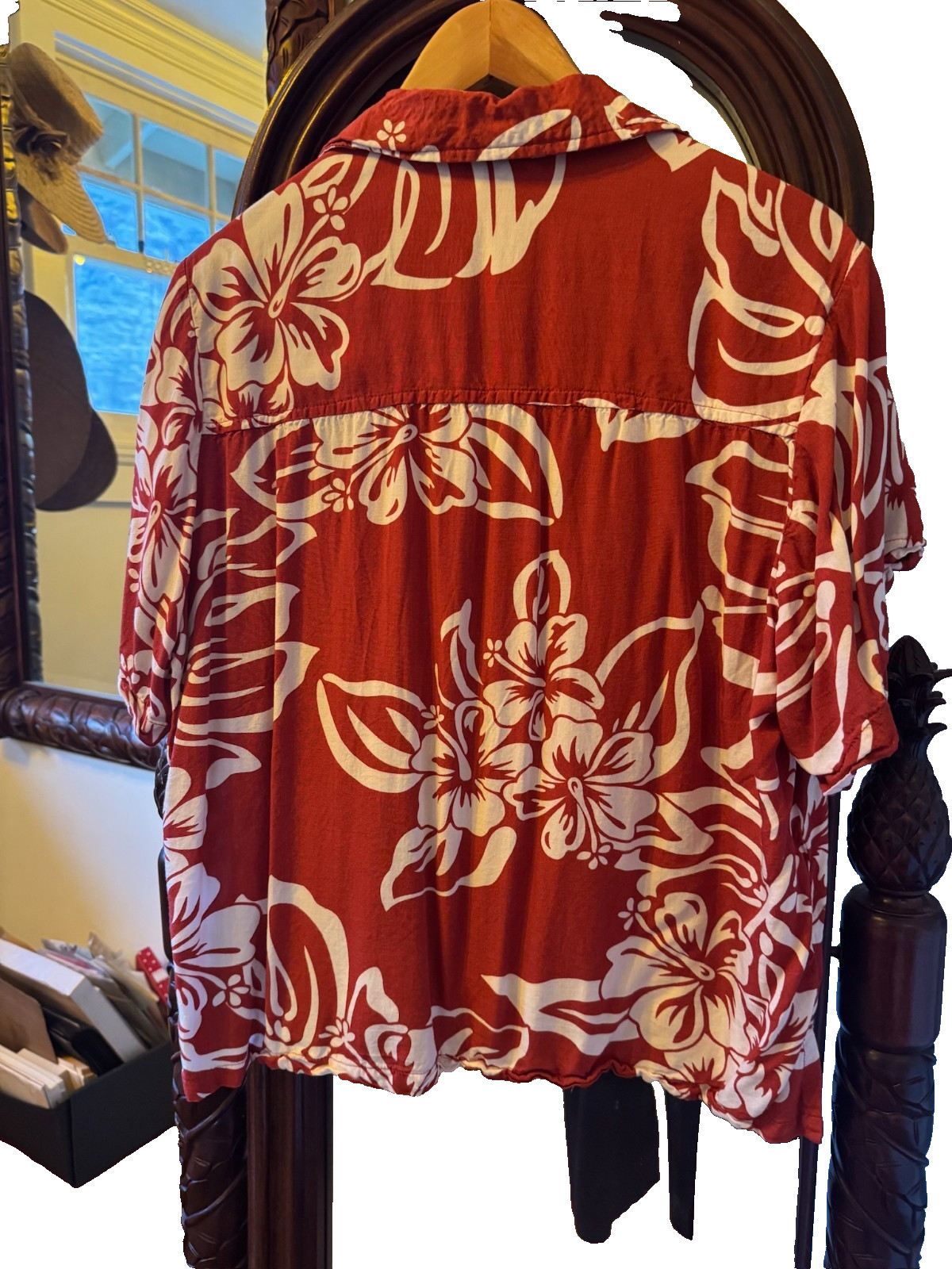 Vintage Hawaiian Coconut button up women’s shirt classic red&white hibiscus XL