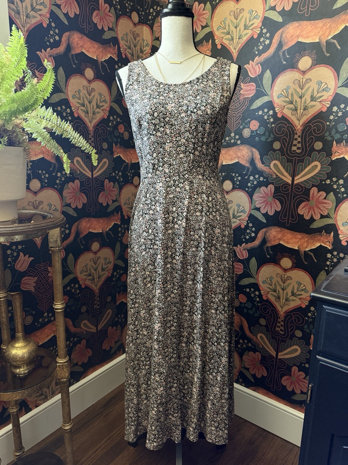 Vintage 90s Floral Midi Dress Lace Up Back Black Cream Ditsy Slip Grunge