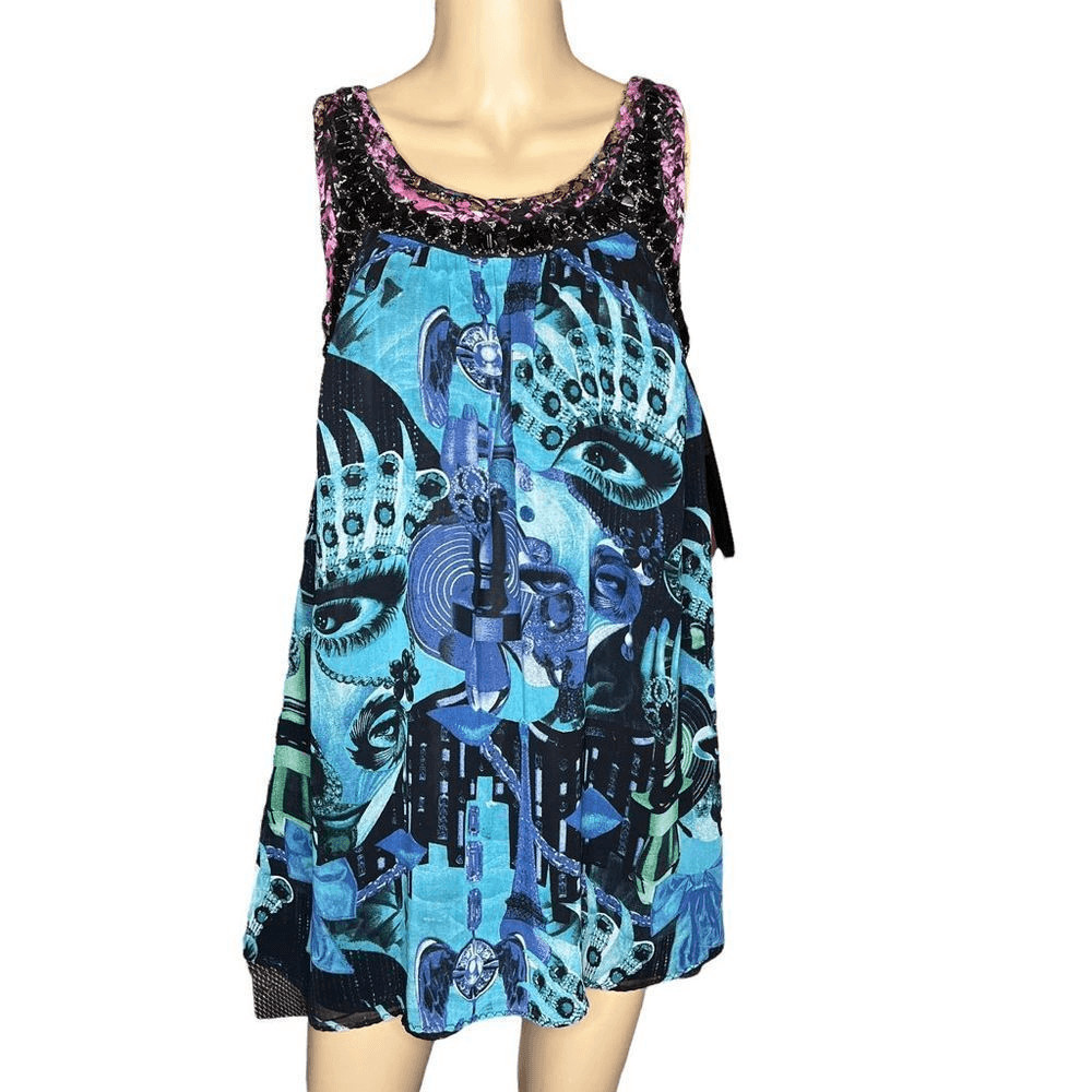 Custo Barcelona Silk Blend Beaded Tunic Dress Abstract Print Blue Size 36 XS (08