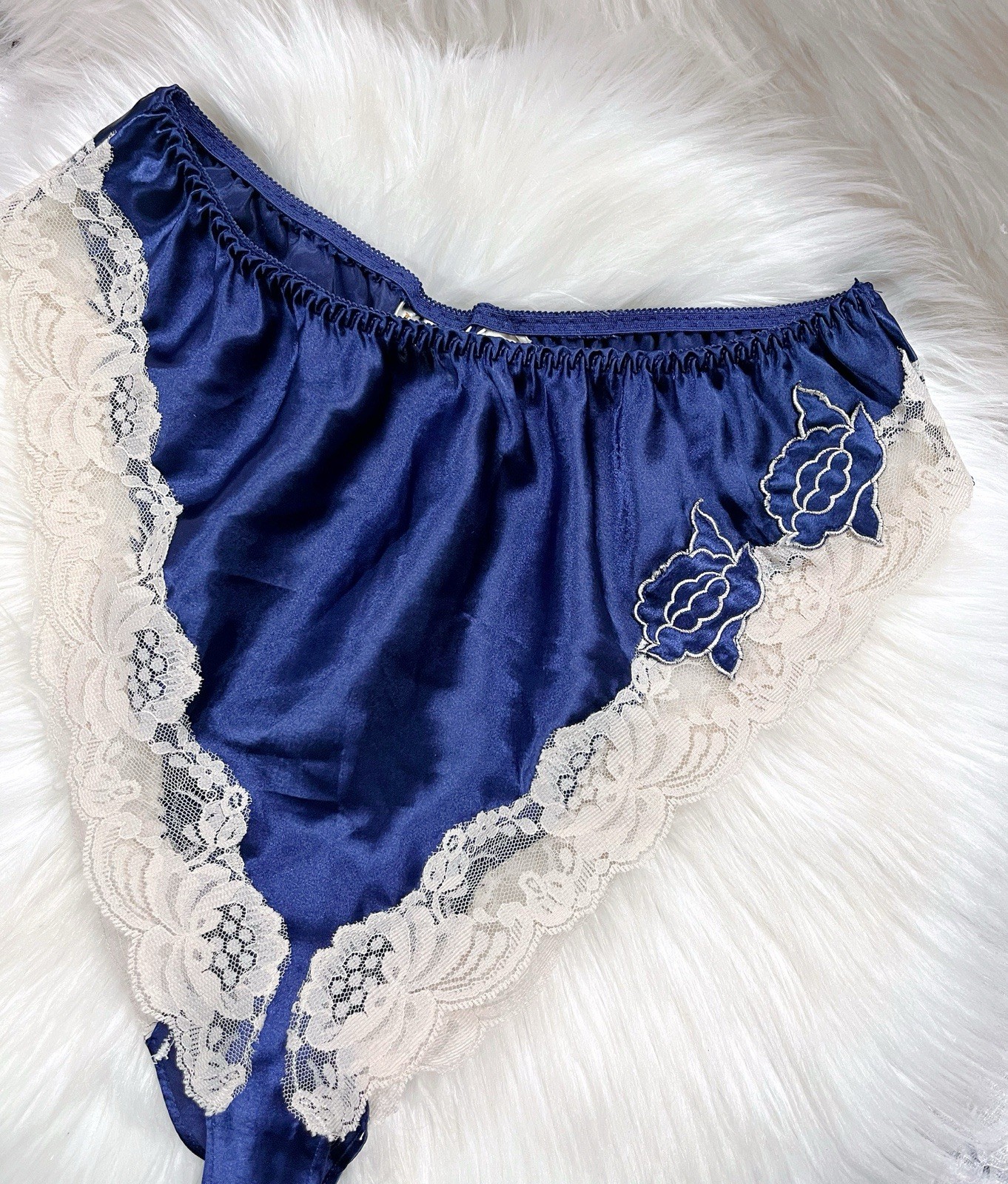 Vintage 80s Victorias Secret Satin Silky Lace Soft High Cut Dark Blue Panties M