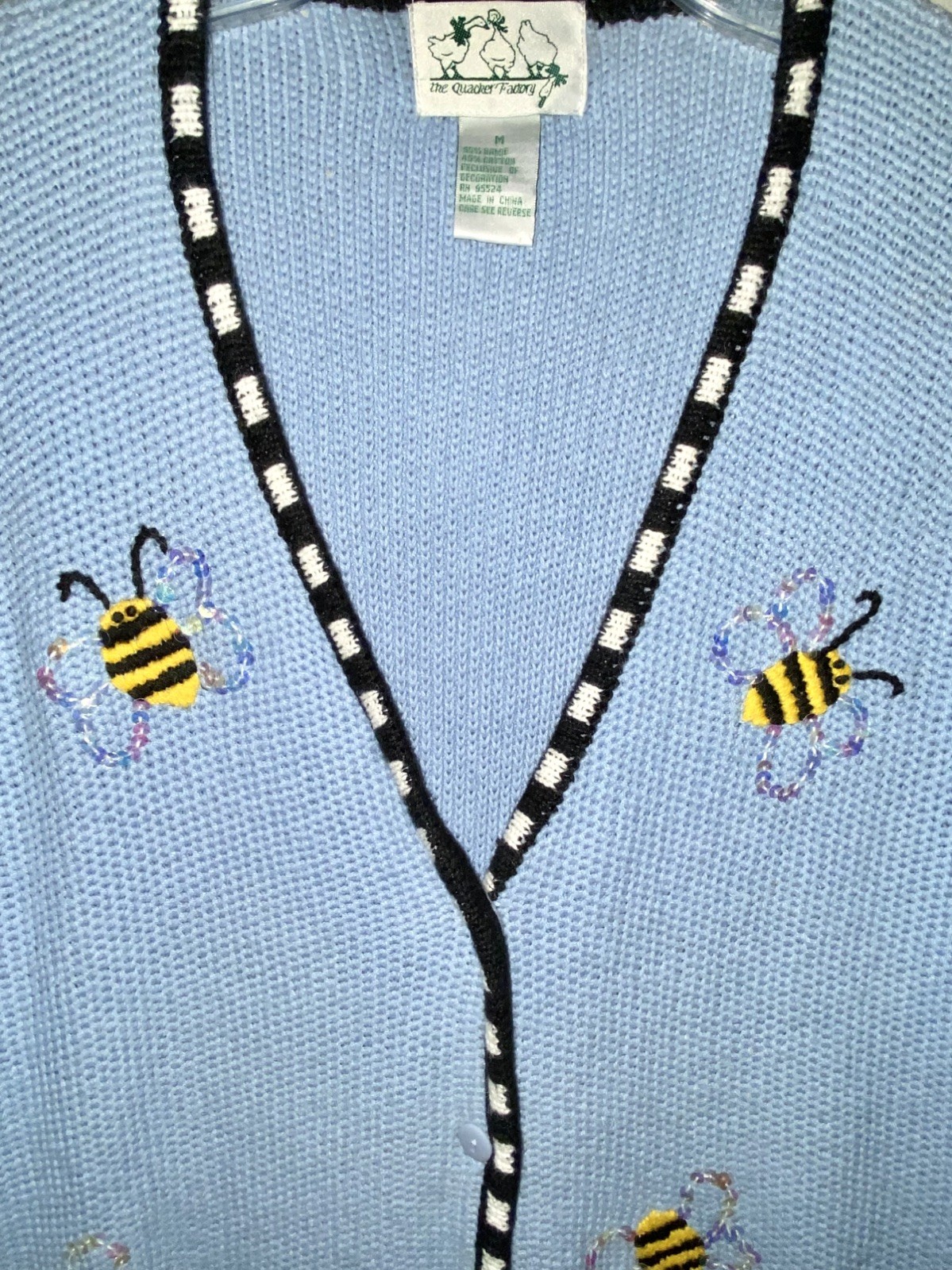 VTG Y2K Quacker Factory Light Blue Flowers Bees Cotton CottageCore Cardigan Sz M