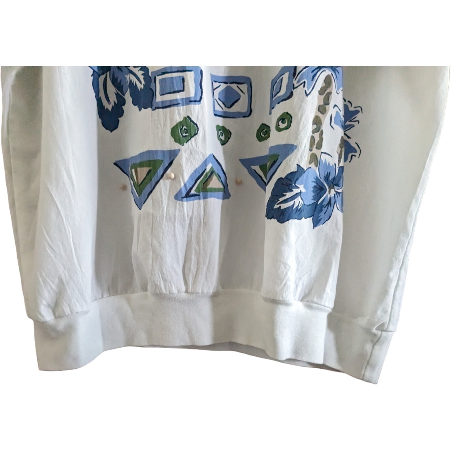 Vtg 80s/90s L/XL White Blue Floral Beaded Banded Waist Top Coastal Granny