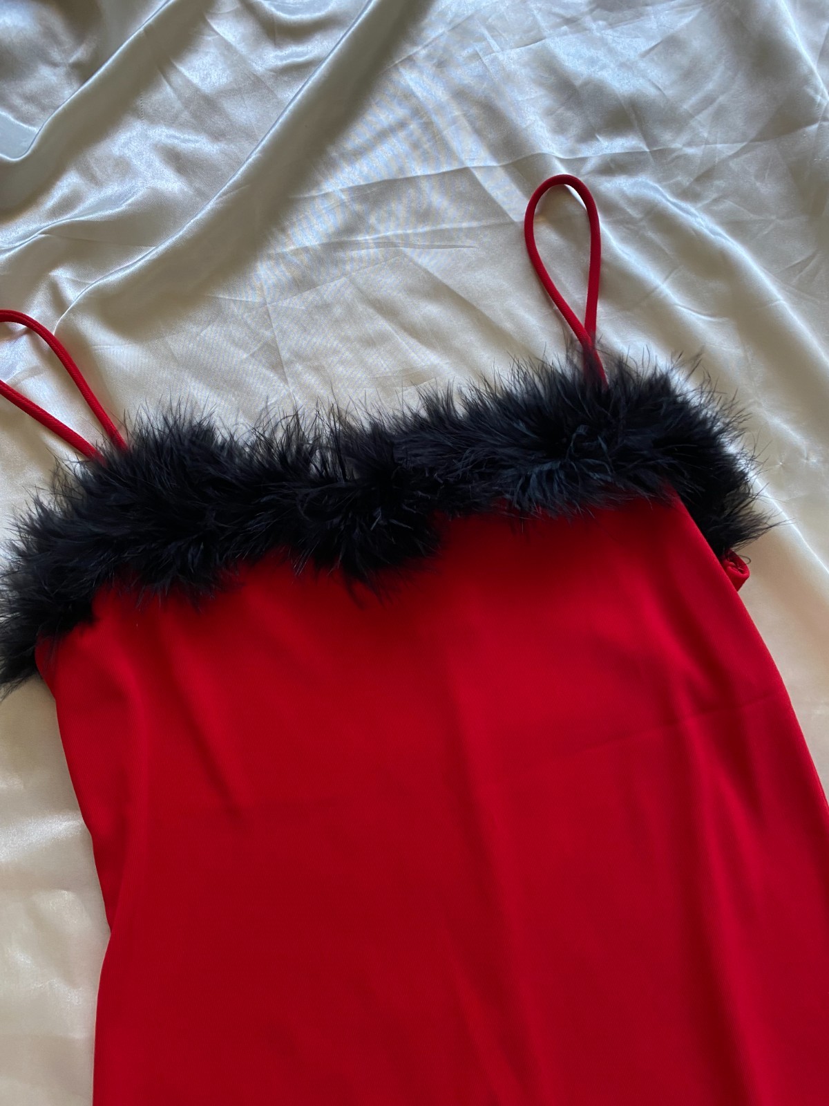 Vintage 1990s Red Mini Dress Black Feather Trim Party Grunge Small
