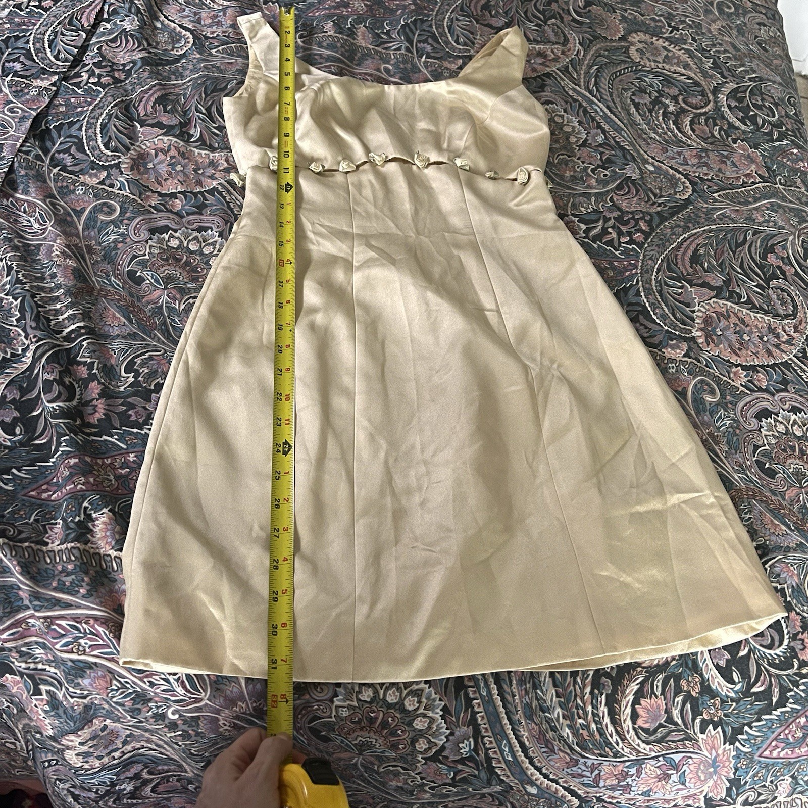 Cache 90s Rare Champagne Waist Cutout Roses Vintage Satin Mini Dress Sleeveless