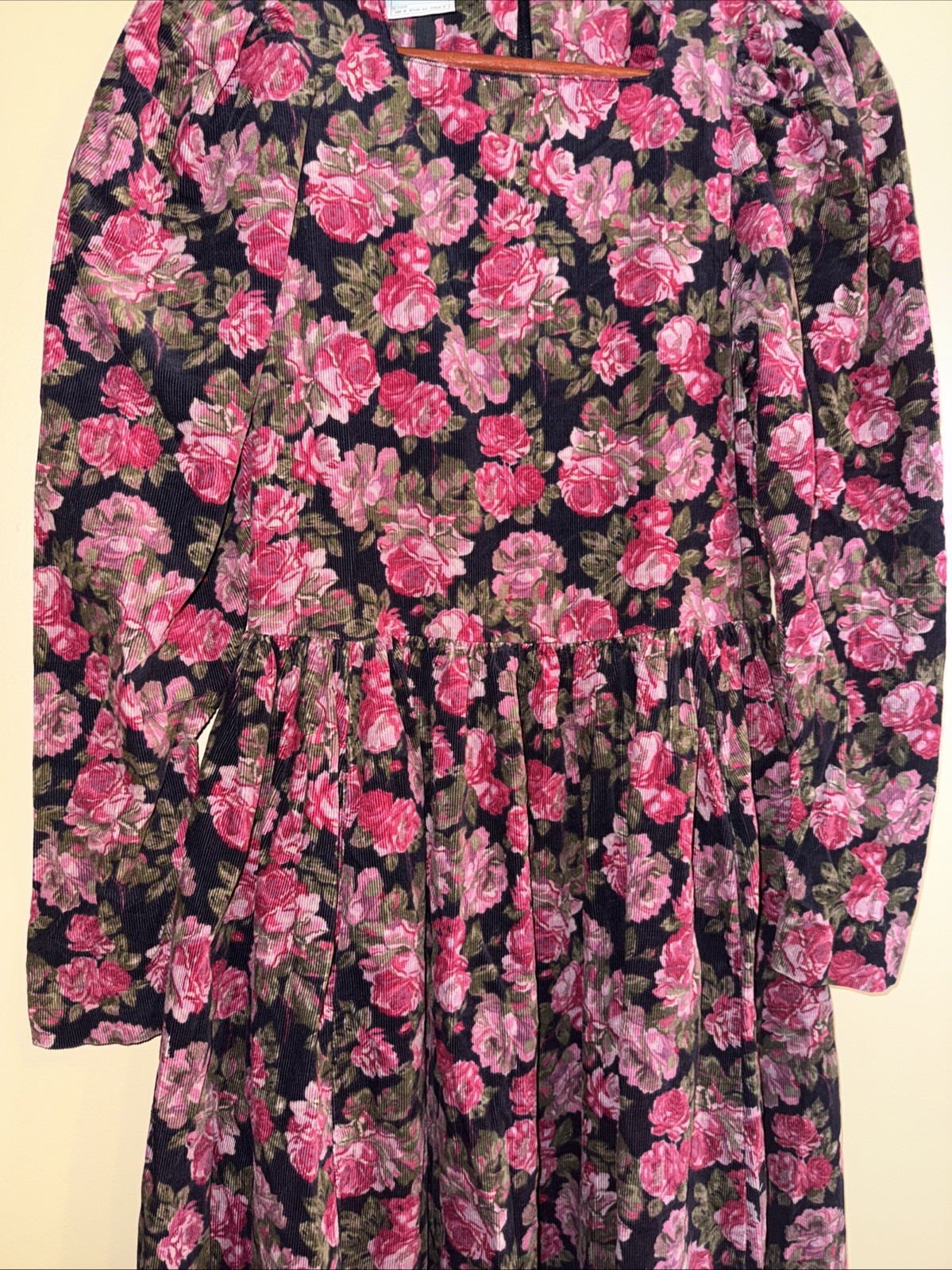 Vtg 80’s Laura Ashley Corduroy Pink Roses Dress Sz 6 Long Puff Sleeves Prairie