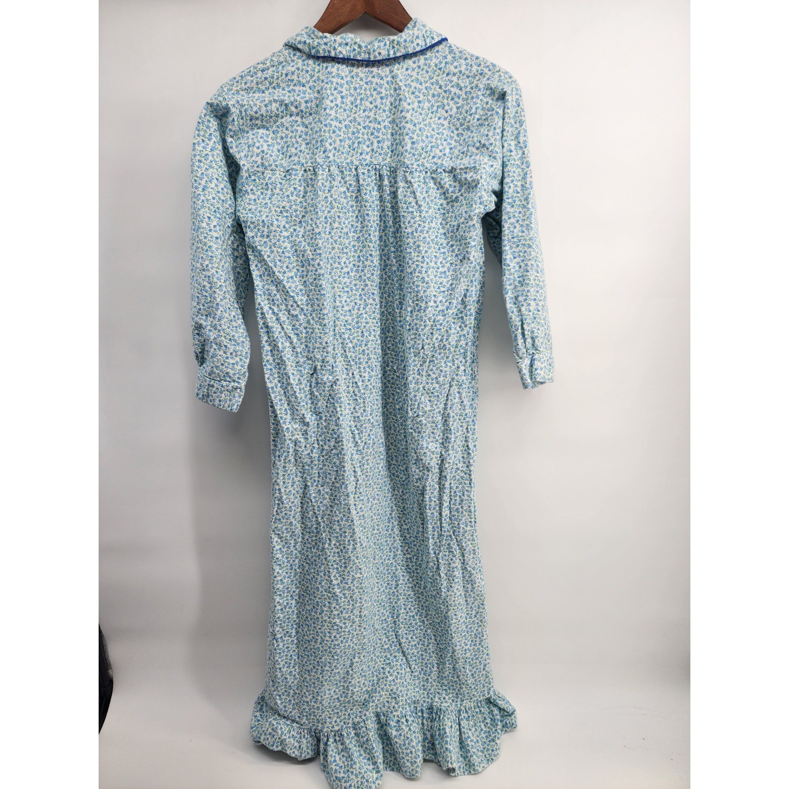 Lady Lindsay Vintage Floral Nightgown Blue Cotton Long Sleeve Ruffle Hem Medium