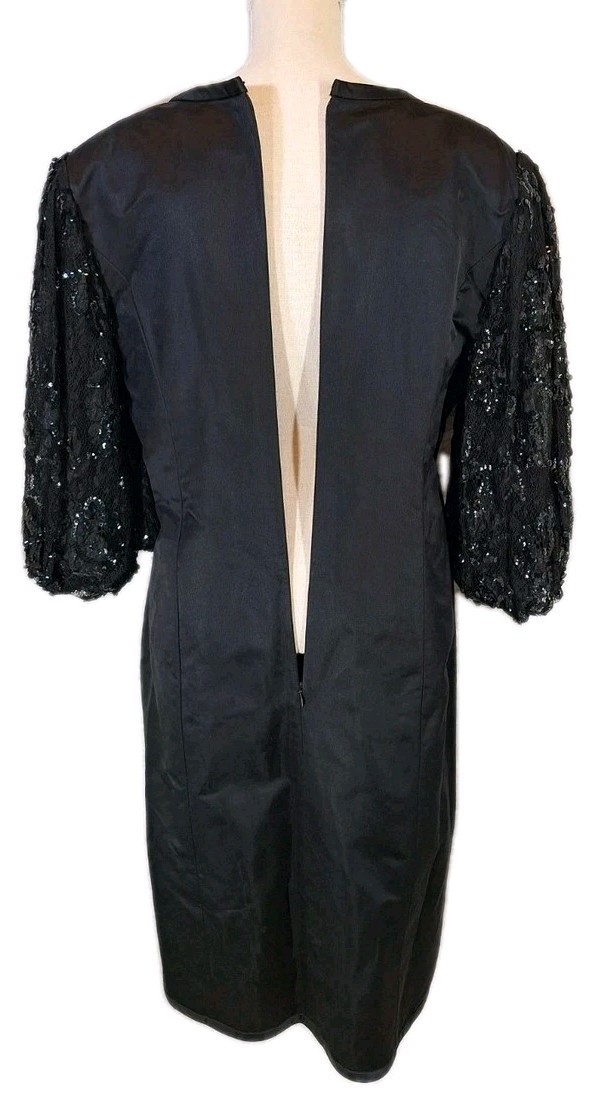 VTG BOB EVANS 100% Silk Sheath Cocktail Dress Sequin & Lace Balloon Sleeve Black