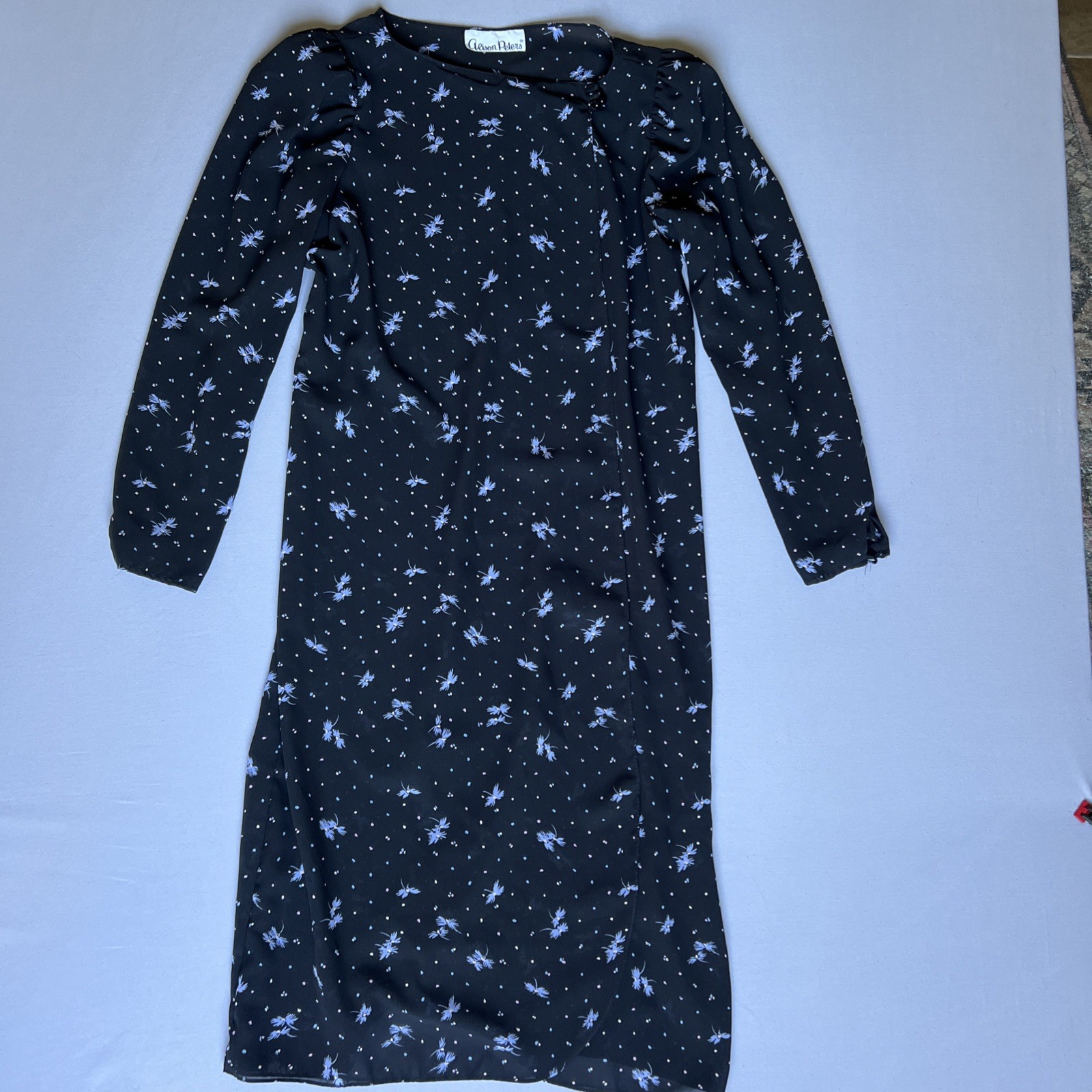 Vintage Black Sheer Floral Midi Dress Romantic Cottagecore Goth Fairy Grunge