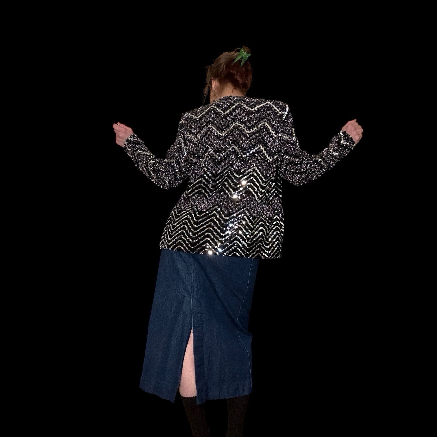 Vintage 80s Glam Formal Black & Silver Zig Zag Barclay Square Blazer Jacket