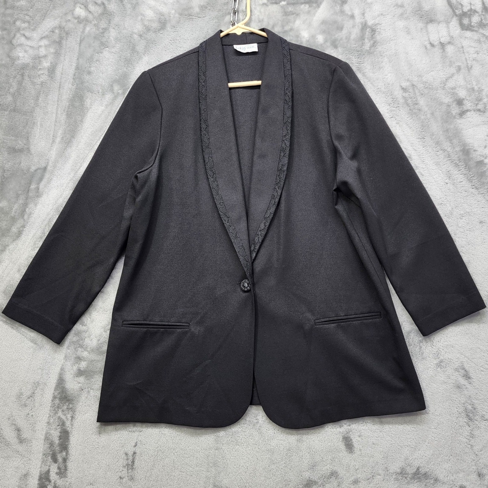 Vintage Kathy Mac Blazer Womens 14 Black Lace Trim Tuxedo Formal Jacket Pockets