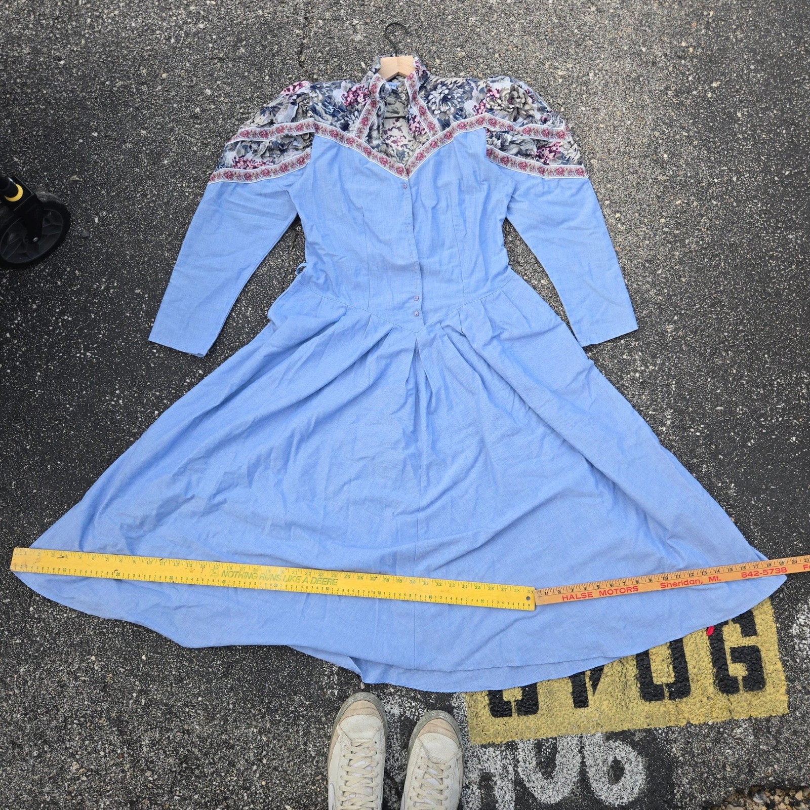 VTG Periwinkle Maxi Prairie Dress Western Floral Tapestry Blue Womens Medium USA
