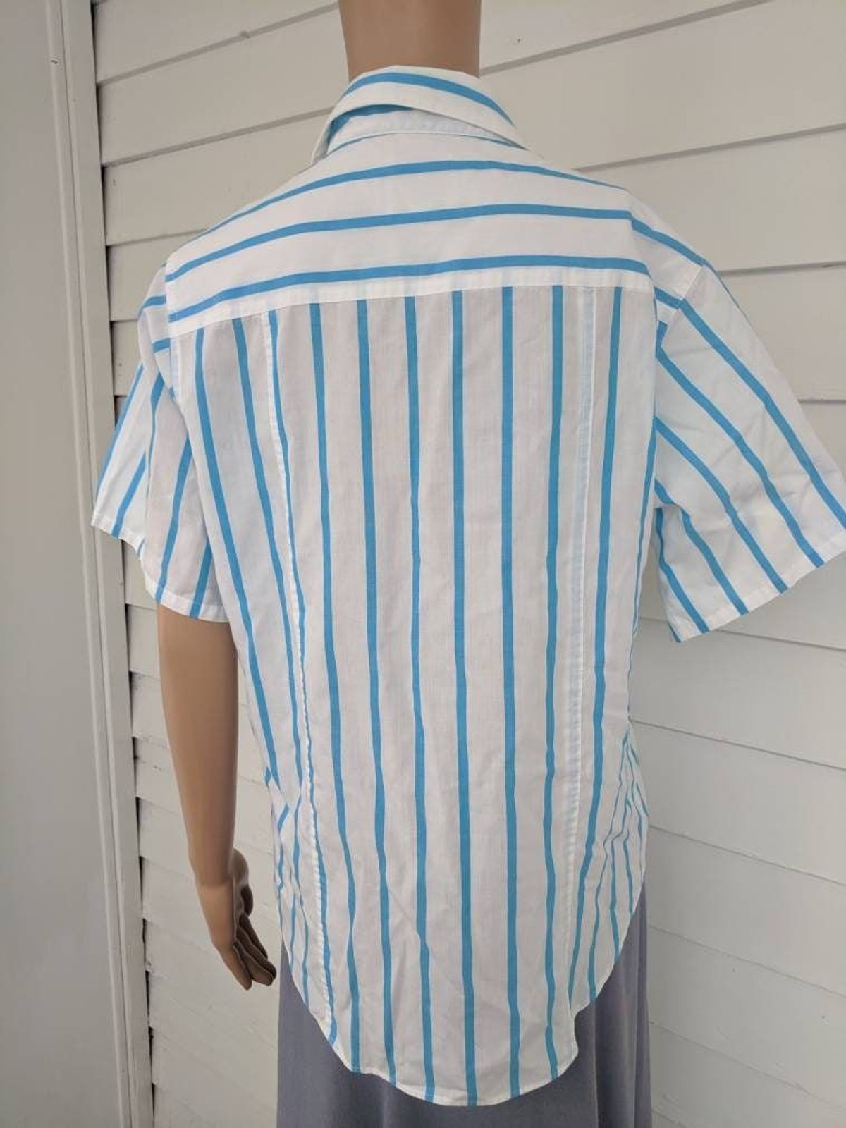 80s White Striped Summer Blouse Cotton Blend Casual Short Sleeve Button Down M