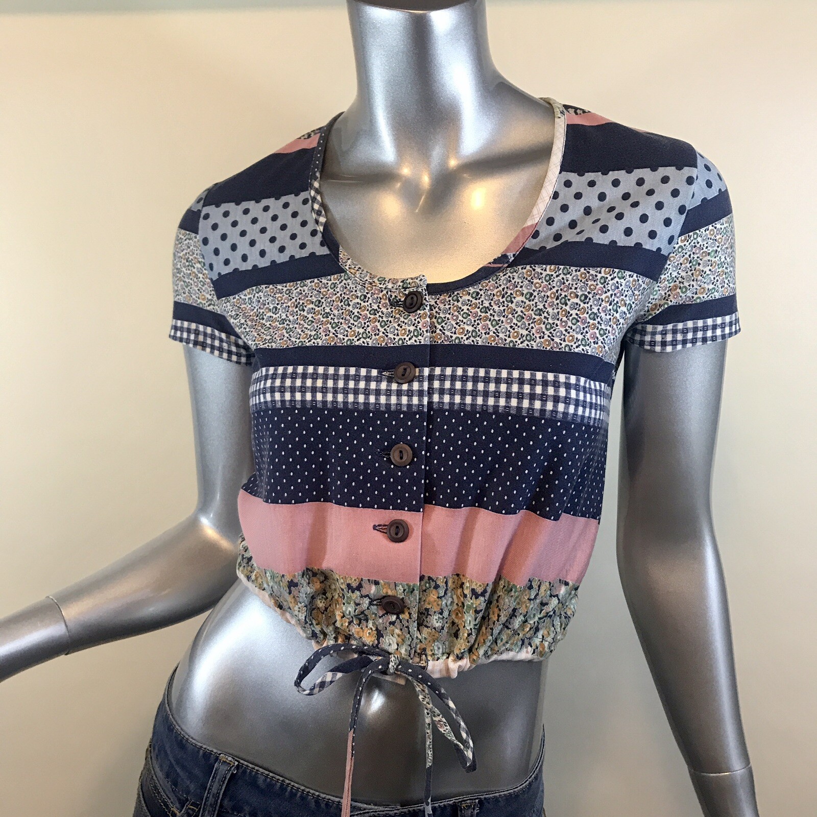 Vintage Xtrovert Cropped Top Women’s Floral Striped Shirt Adjustable Waist Xs-S