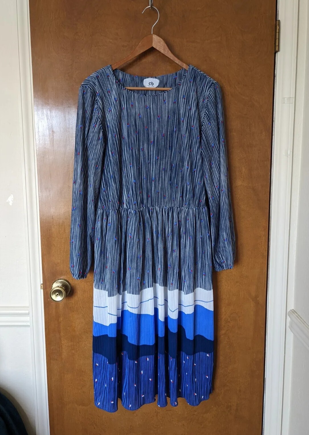 Vintage CB New York Women’s 1X Blue White Abstract Pleated Long Sleeve Dress